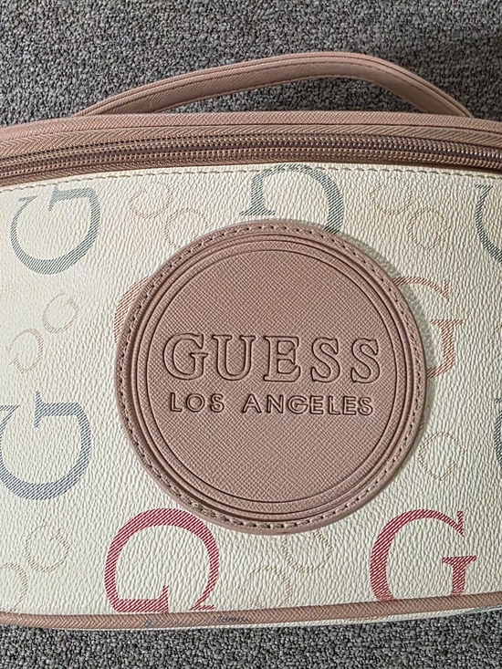 Guess Handbags - GUESS Los Angeles Vanity Cosmetic Makeup Bag Travel Case Beige Logo Print